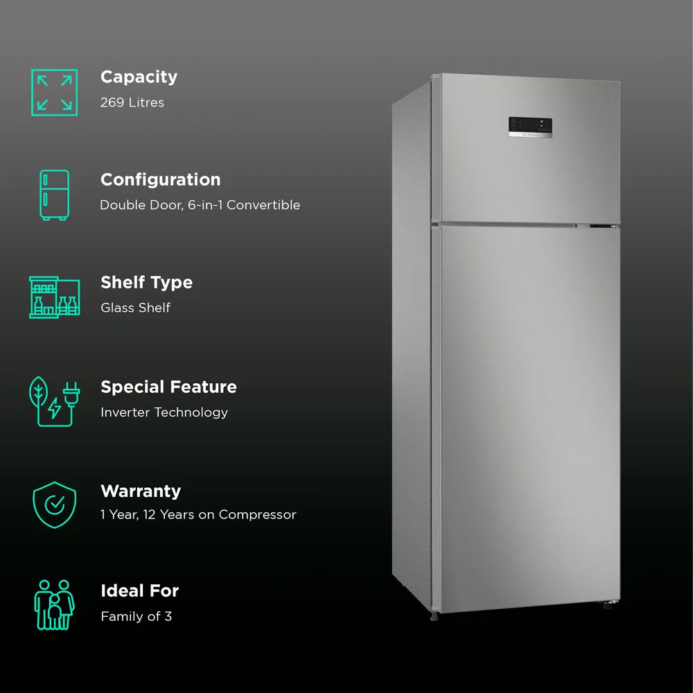 Bosch Convertible- XL Fridge 269L 3 Star Inverter Frost Free Refrigerator (CTC29S031I, Convertible, Sparkly Steel, 2023 Model Gross Volume- 290 L) - Image 2