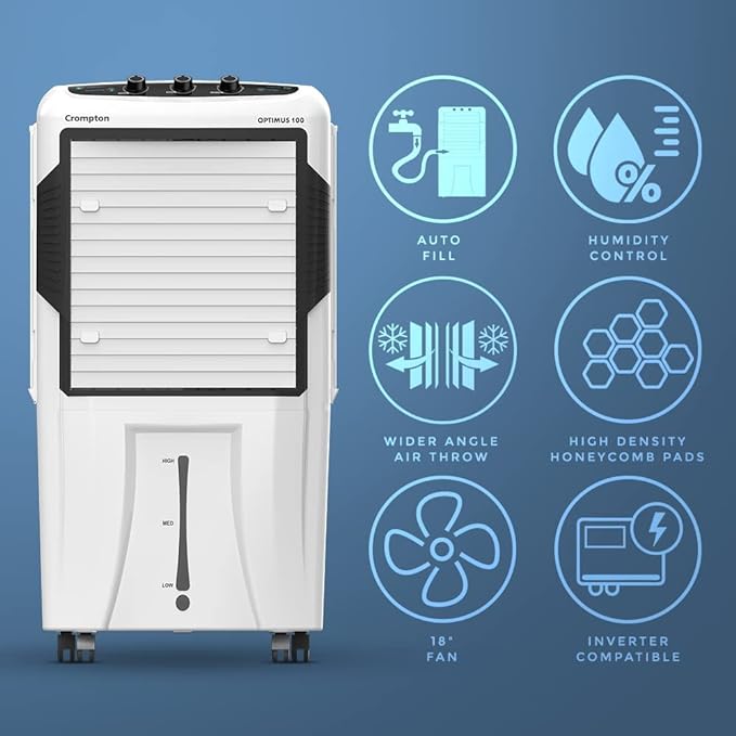 Crompton Optimus Remote Desert Air Cooler- 100L; with 18” Fan, Everlast Pump, Large & Easy Clean Ice Chamber, Humidity Control; White & Black - Image 4