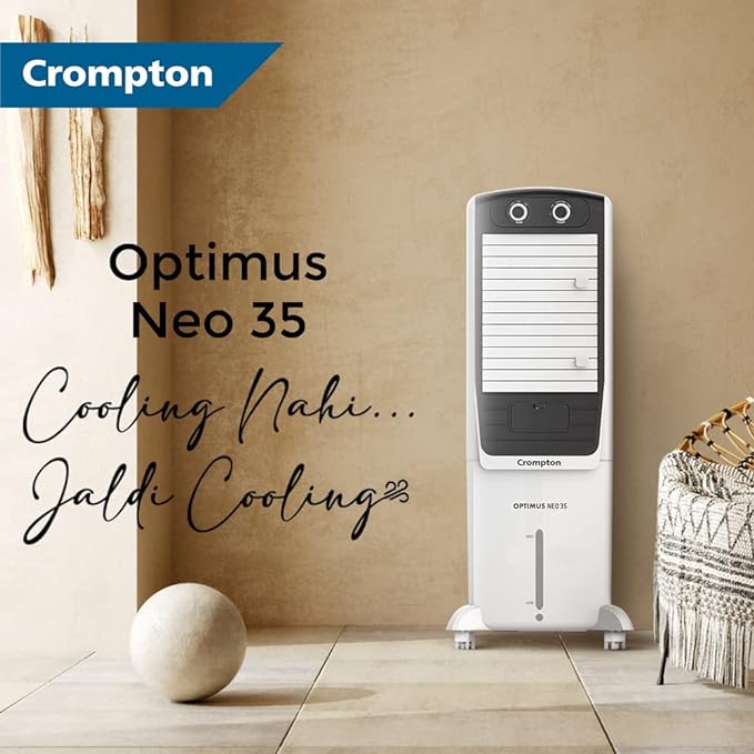 Crompton Optimus Neo Tower Air Cooler- 35L; with Everlast Pump, Auto Fill, 4-Way Air Deflection and High Density Honeycomb pads; White & Black - Image 2