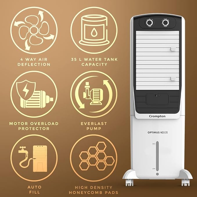 Crompton Optimus Neo Tower Air Cooler- 35L; with Everlast Pump, Auto Fill, 4-Way Air Deflection and High Density Honeycomb pads; White & Black - Image 3