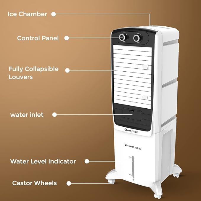 Crompton Optimus Neo Tower Air Cooler- 35L; with Everlast Pump, Auto Fill, 4-Way Air Deflection and High Density Honeycomb pads; White & Black - Image 4