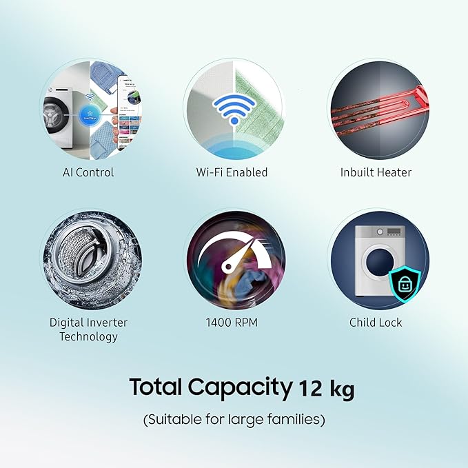 Samsung 12 kg, 5 star, Eco Bubble Technology, AI Control , Wi-Fi, Digital Inverter Motor, Fully-Automatic Front Load Washing Machine Appliance (WW12T504DAB/TL, Hygiene Steam, Black Caviar) - Image 2